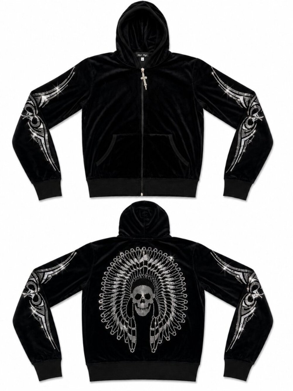 new Y2K SILVER DAGGER *XS* rhinestone SKULL Hoodie black velour NEW
